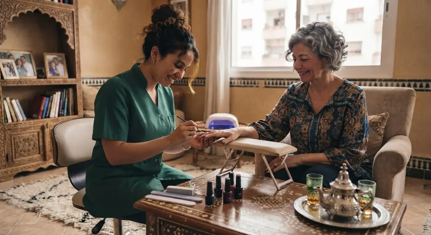 Nail technician performing a professional at-home manicure for a client with Bricouly at-home beauty service.