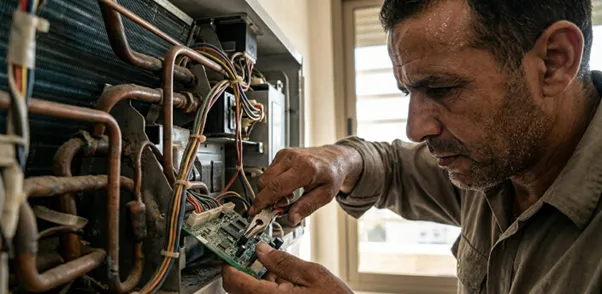 فني متخصص في التكييف يجري تشخيصًا وإصلاحًا لمكيف هواء في الدار البيضاء