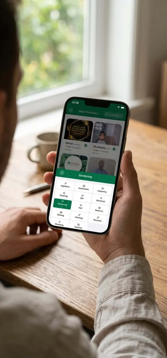 User booking a Casablanca electrician through the Bricouly app on a smartphone